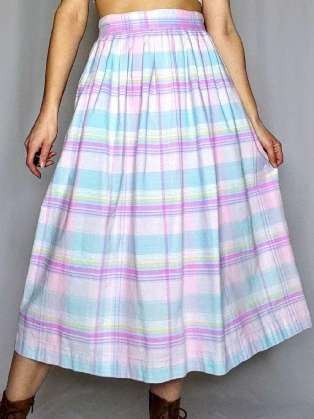 Vintage Pastel Plaid Cotton Midi Skirt
